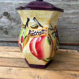 Hand-Painted Ceramic Biscotti Jar: Vintage Tuscan Kitchen Decor