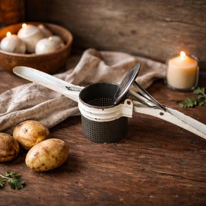 May include: A vintage potato ricer with a white handle and a dark gray perforated bowl. Three potatoes and sprigs of parsley sit on a wooden surface. Lit candles and a wooden bowl are in the background, creating a rustic kitchen scene.