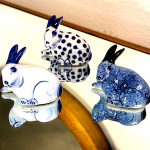 Set of 3 Blue and White Porcelain Rabbit Figurines – 3” Hand-Painted Bunny Decor