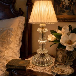 Vintage Pressed Glass Table Lamp | Crystal Boudoir Bedside Lamp | Old New Orleans Cottage Decor
