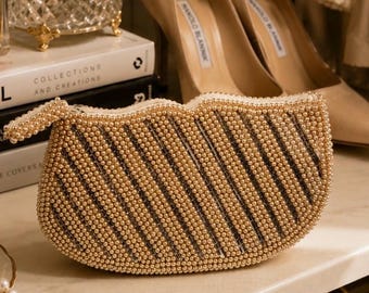 Vintage Made in Japan Beaded Evening Bag Pearl Wristlet Clutch 1960s Cocktail Purse Bridal Handbag