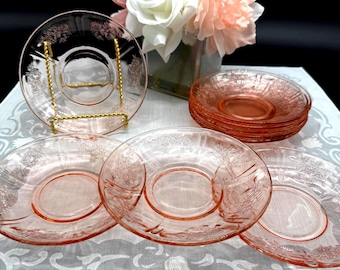 Vintage Rare 1930 Authentic Cabbage Rose-Sharon Federal Glass Saucers. 11 saucers available. 5 3/4 inch wide.