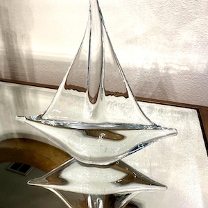 Vintage Art Glass Sailboat Sculpture- Abstract Clear Glass Nautical Decor-Mid-Century Modern Style