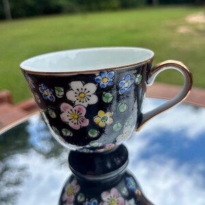 Pair of Vintage Japanese Demitasse Cups-Black Cherry Blossom Porcelain with Gold Trim 3” Tall