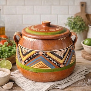 Vintage Mexican Hand Painted Pottery Cazuela w Lid | Rustic Terracotta Bean Pot | Folk Art Cookware | Boho Kitchen Decor | Mexico Clay Pot