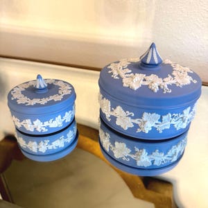 Set of 2 Wedgwood Blue Jasperware Covered Boxes with Lids – Vine & Grapes Design – Vintage Matte Finish Made in England – Free Shipping