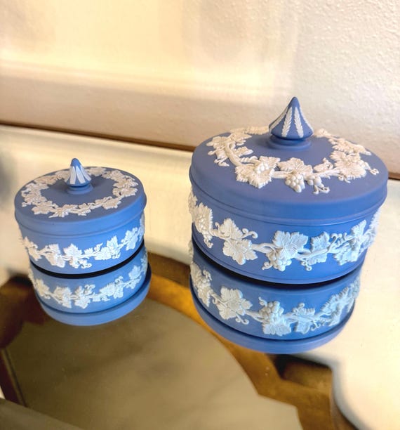 Set of 2 Wedgwood Blue Jasperware Covered Boxes with Lids – Vine & Grapes Design – Vintage Matte Finish Made in England – Free Shipping