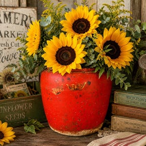 May include: A bright red, weathered ceramic pot filled with a vibrant bouquet of yellow sunflowers, green eucalyptus leaves, and small yellow filler flowers. The pot has a rounded shape with a distressed finish and sits among various garden items.