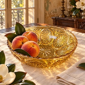 May include: A round, amber-colored glass bowl featuring a pressed starburst pattern along its interior and exterior rim. Three fresh, round peaches with soft orange and pink skin are nestled inside the bowl, accompanied by several dark green leaves.