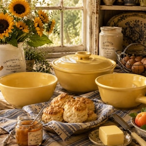 May include: A set of yellow ceramic kitchenware including a lidded casserole dish, a mixing bowl, and a handled bowl, arranged with a bouquet of sunflowers in a white pitcher, a jar of jam, fresh biscuits, butter, and peaches on a blue cloth.