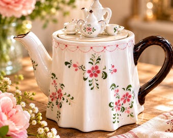 Vintage Novelty Floral Teapot with Mini Tea Set Lid Cottagecore Whimsical Ceramic, Seymour Mann or  Bombay Co. Style