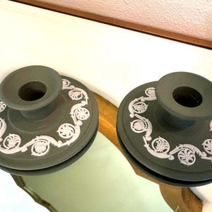 Vintage Wedgwood Sage Green Jasperware Candlestick Holders-Marked Made in England, Classical White Relief-Neoclassical Decor
