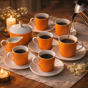 May include: An orange coffee set with white saucers, a creamer, and a sugar bowl. Coffee is being poured into one of the mugs. The set is arranged on a wooden table with candles and flowers.