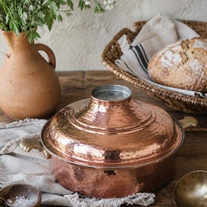 Vintage Hammered Copper Casserole with Domed Lid & Brass Shell Handles | 15” French Country Copper Serving Dish | Farmhouse Kitchen Décor