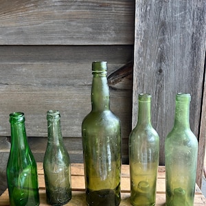 Set of 5 Antique Green Glass Bottles-1800’s Wine & Mid Century Soda Bottles Rustic Farmhouse Decor Apothecary Vibes Bottle Garden