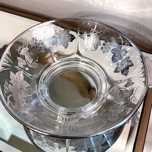 Vintage Sterling Silver Overlay Glass Bowl | 11” Grape Vine Pattern Serving Bowl | Mid Century Silver City Style | 1950s Elegant Decor