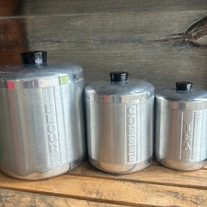 Vintage Aluminum Canister Set- 3 Pc Flour Coffee Tea Mid Century Kitchen Storage Retro-Farmhouse