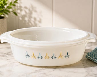 Vintage Anchor Hocking Fire King Atomic Starburst Casserole Dish with Original Lid.