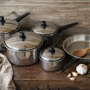 May include: A stainless steel cookware set with lids and black handles. A wooden spoon rests in a frying pan. Garlic cloves and herbs are also on the wooden surface. The set includes pots and pans.
