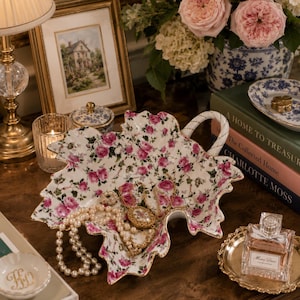 Pink Rose Chintz Ruffled Porcelain Vanity Bowl with Handle • Gold Trim Floral Dish • Jewelry or Perfume Tray • Cottagecore Shabby Chic Decor
