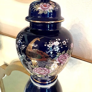 Flawless Vintage Japanese Ginger Jar-Colbalt Blue with Gold Peacock & Floral Design