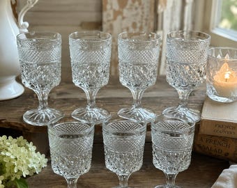 Vintage Anchor Hocking Clear Goblets Set of 7 | Pressed Glass Wine & Water Glasses | Elegant Wedding Reception Stemware