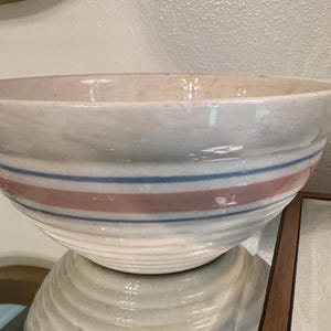 Vintage McCoy Pottery Mixing Bowl-Pink &Blue Stripe-9.5” Stoneware Farmhouse Bowl USA