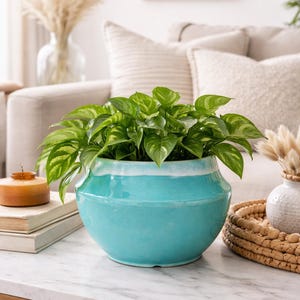 Vintage Rodo Floral Oklahoma Pottery Turquoise Jardiniere Planter – 1930s Art Pottery Bowl – Crackle Glaze Console Bowl