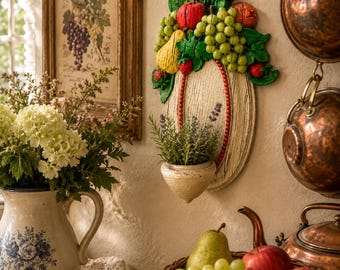 Vintage 1975 HOMCO Fruit Wall Pocket Candle Sconce | Harvest Wall Decor | Home Interiors 4172 | Cottage Kitchen | Made in USA