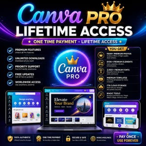 May include: A promotional graphic for Canva Pro Lifetime Access, featuring a gold crown and the Canva Pro logo. The image highlights premium features, unlimited downloads, and worldwide access. It showcases a tablet, laptop, and phone with Canva interfaces.