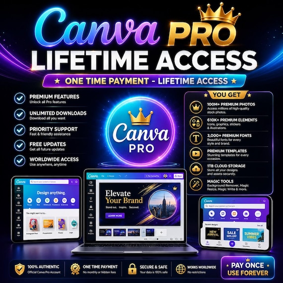 Canva Pro Account Lifetime Access, 400,000+ Premium Templates, Full Private Account on your email, Premium Subscription, Digital Download