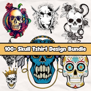 Skull T-Shirt Design Bundle: Sugar Skull, Skeleton Vector (SVG, PNG, DXF)
