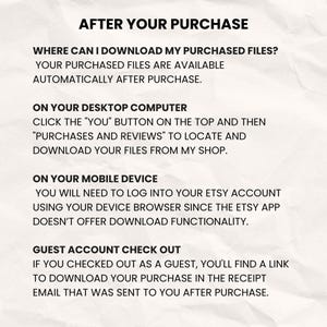 K&ouml;nnte beinhalten: Wei&szlig;er Hintergrund mit schwarzem Text, der &bdquo;NACH IHREM KAUF&ldquo; lautet. Anweisungen zum Herunterladen gekaufter Dateien auf einem Desktop-Computer, einem Mobilger&auml;t und einem Gastkonto werden bereitgestellt.