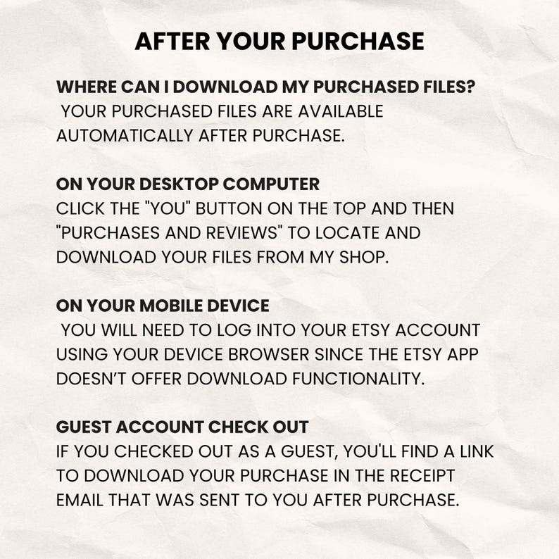 K&ouml;nnte beinhalten: Wei&szlig;er Hintergrund mit schwarzem Text, der &bdquo;NACH IHREM KAUF&ldquo; lautet. Anweisungen zum Herunterladen gekaufter Dateien auf einem Desktop-Computer, einem Mobilger&auml;t und einem Gastkonto werden bereitgestellt.