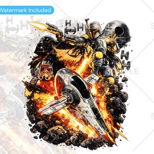 May include: A vibrant illustration featuring characters from a space opera franchise. The artwork showcases a bounty hunter in yellow and green armor, a red-armored soldier, and a spacecraft amidst an explosion. The image includes the text "No Watermark Included".