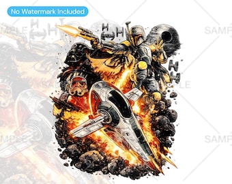 Stars and War Sci-Fi Kopfgeldjäger Weltraumschlacht PNG - Transparenter Hintergrund - Hohe Auflösung Digitaler Download - T-Shirt Sublimationsdesign