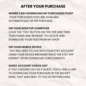 May include: A cream-colored graphic with the text "AFTER YOUR PURCHASE" at the top. Instructions on how to download purchased files are provided for desktop computers, mobile devices, and guest accounts.