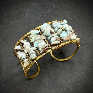 Larimar Pebble Wide Cuff Bracelet / Antiqued Hammered Brass. Adjustable. Beach / Art Deco / Boho / Nouveau. Lifetime Repairs. Vintage Style.