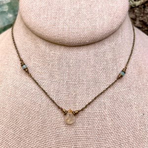 Extra Dainty Art Deco Golden Rutilated Quartz & Aquamarine Choker Necklace. Antiqued Brass. Adjustable Length! Layer it! Lifetime Repairs!