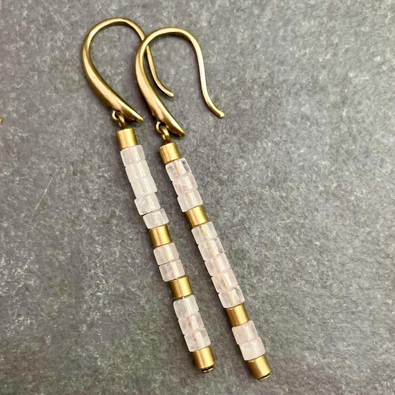 Peach Aventurine & Brass Dangle Earrings / Art Deco Earrings / Minimilast Earrings / Natural Stone Earrings / Boho Earrings / Matching Neck.