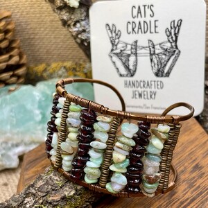 Chrysoprase & Garnet Pebble Wide Cuff Bracelet. Antiqued Hammered Brass and Copper. Adjustable. Art Deco / Boho / Nouveau. Lifetime Repairs