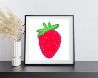 May include: A framed illustration of a single red strawberry with green leaves. The strawberry is drawn in a cartoon style with a pink and red color gradient.