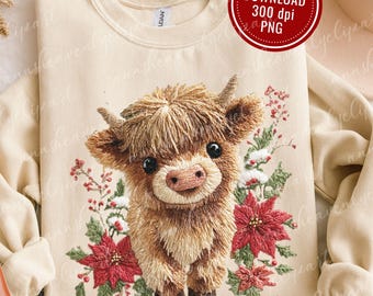 Christmas Highland Cow PNG — Faux Crochet Yarn Design — Latch Hook Yarn Faux Embroidery — Preppy Christmas Shirt Design —Trendy Sublimation
