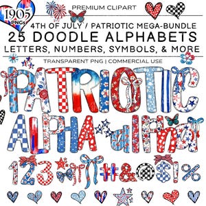 Fourth of July Doodle Alphabet, 4th July Doodle Letters PNG, Floral Letterst, Dalmatian Dot Letters, Patriotic Alpha, Brush Stroke Letter