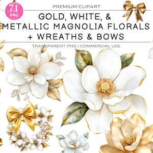Gold Magnolia Floral clipart, White Flowers PNG Set, Wedding Invitation clip art, Magnolia Glam Garden Bridal Shower Sublimation Bundle