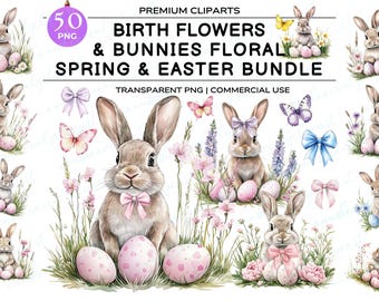 Birth Flower Bunny PNG Bundle, Floral Bunny Clipart, Cottagecore Bunnies, Easter Bunny Clipart, Rabbit Florals Clipart Watercolor,Cute Bunny