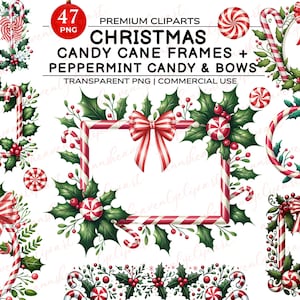 Könnte beinhalten: Eine Sammlung von Weihnachtsgrafiken mit Zuckerstangenrahmen, Pfefferminzbonbons und Schleifen. Die Designs umfassen verschiedene Rahmenformen, Stechpalmen und Zuckerstangenelemente, alle in einem festlichen Rot-, Weiß- und Grünton. Der Text "CHRISTMAS CANDY CANE FRAMES + PEPPERMINT CANDY & BOWS" ist ebenfalls enthalten.
