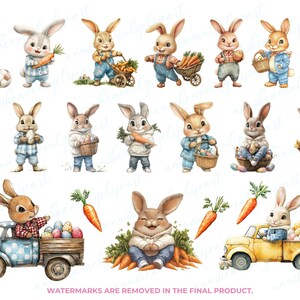 K&ouml;nnte beinhalten: Eine Sammlung von 18 Aquarell-Illustrationen von Hasen in verschiedenen Posen, die Karotten, Eier und andere Ostereier halten. Einige Hasen tragen Kleidung, andere nicht. Die Illustrationen sind vor einem wei&szlig;en Hintergrund angeordnet.