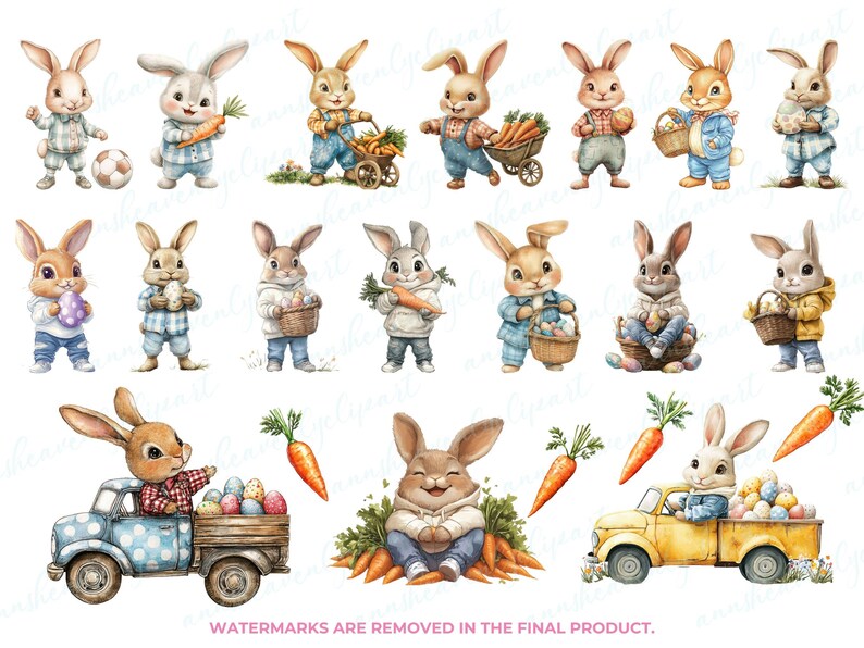 K&ouml;nnte beinhalten: Eine Sammlung von 18 Aquarell-Illustrationen von Hasen in verschiedenen Posen, die Karotten, Eier und andere Ostereier halten. Einige Hasen tragen Kleidung, andere nicht. Die Illustrationen sind vor einem wei&szlig;en Hintergrund angeordnet.