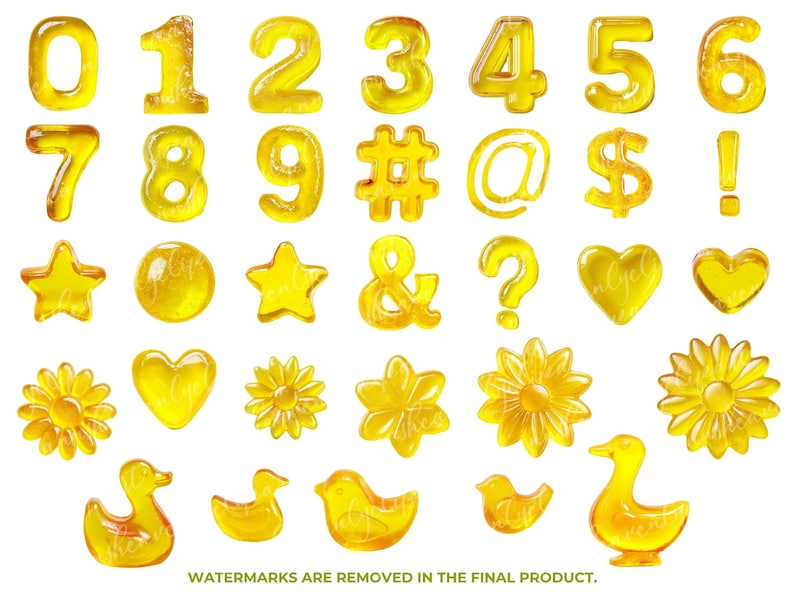 May include: A collection of yellow, translucent, gel-like shapes including numbers, symbols, stars, hearts, flowers, and ducks. The numbers 0-9 are present, along with symbols such as the hashtag, at sign, dollar sign, exclamation point, ampersand, and question mark.